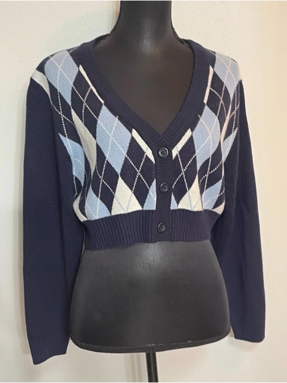 Divided Navy Cropped Argyle Cardigan with Light Blue and White